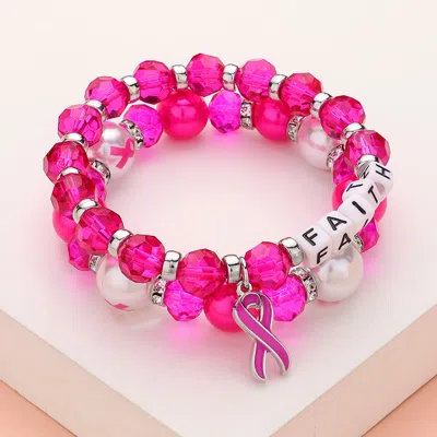 Fashnzfab 2pcs - Faith Message Pointed Pink Ribbon Charm Faceted Beaded Stretch Double Layered Bracelets