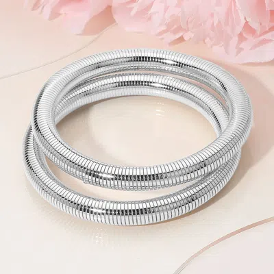 Fashnzfab 2pcs - Flexible Ribbed Metal Coil Multi Layered Bracelet Rhodium