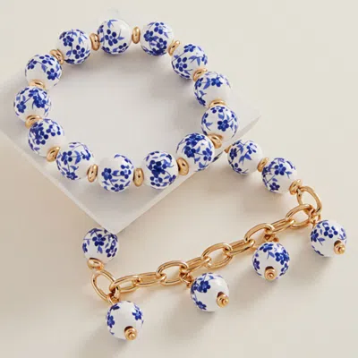 Fashnzfab 2pcs - Floral Ceramic Ball Beaded Stretch Multi Layered Bracelets In Blue
