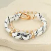 Fashnzfab 2pcs - Floral Print Ceramic Ring Accent Rope Facete Beaded Multi Layered Bracelets - White In White
