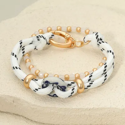 Fashnzfab 2pcs - Floral Print Ceramic Ring Accent Rope Facete Beaded Multi Layered Bracelets - White