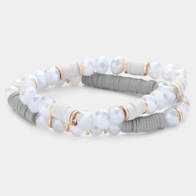 Fashnzfab 2pcs - Heishi Faceted Beaded Stretch Bracelets In Gray