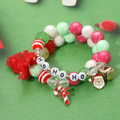 Fashnzfab 2pcs - Ho Ho Ho Candy Cane Santa Charm Bow Beaded Stretch Multi Layered Bracelets