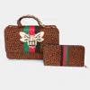 Fashnzfab 2pcs - Honey Bee Accented Color Block Cheetah Patterned Tote Bag Wallet Set In Multi