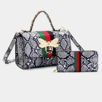 Fashnzfab 2pcs - Honey Bee Accented Snake Skin Patterned Faux Leather Tote Bag Wallet Set In Multi