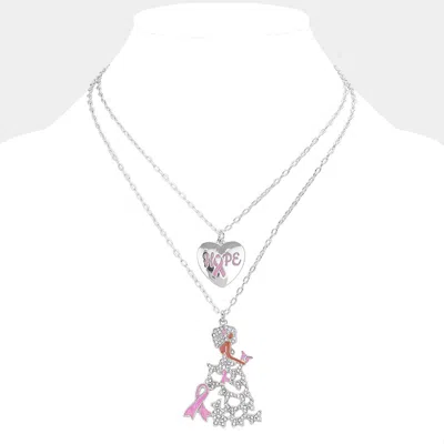 Fashnzfab 2pcs - Hope Message Heart Pink Ribbon Afrowoman Pendant Necklaces In Silver