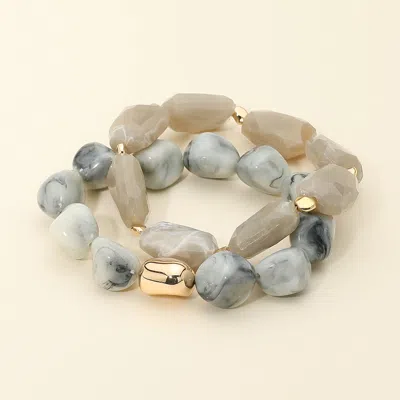 Fashnzfab 2pcs - Marbled Resin Pebble Beaded Stretch Multi Layered Bracelets In Gray