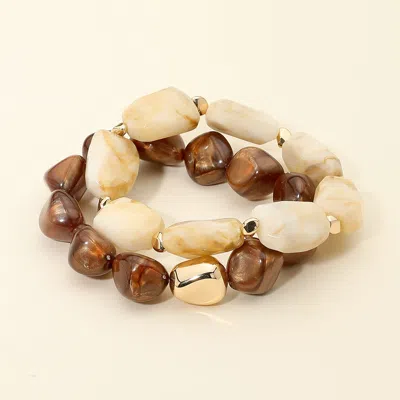 Fashnzfab 2pcs - Marbled Resin Pebble Beaded Stretch Multi Layered Bracelets In Brown