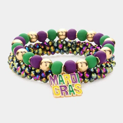 Fashnzfab 2pcs - Mardi Gras Message Charm Wood Ball Faceted Beaded Stretch Bracelets - Multi