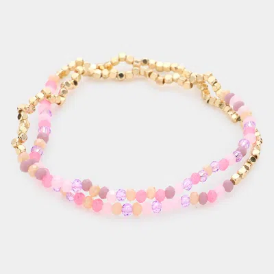 Fashnzfab 2pcs - Metal Cube Faceted Beaded Stretch Bracelets In Pink