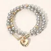 Fashnzfab 2pcs - Metal Heart Charm Pointed Ball Beaded Stretch Multi Layered Bracelets Two Tone In Multi