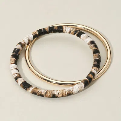Fashnzfab 2pcs - Metal Leopard Fabric Covered Bangle Layered Bracelets Beige, Gold In Multi