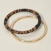 Fashnzfab 2pcs - Metal Leopard Fabric Covered Bangle Layered Bracelets In Multi