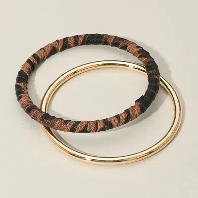 Fashnzfab 2pcs - Metal Leopard Fabric Covered Bangle Layered Bracelets In Multi