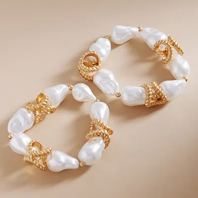 Fashnzfab 2pcs - Metal Rope Pearl Beaded Stretch Multi Layered Bracelets - Gold