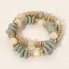 Fashnzfab 2pcs - Mixed Flat Wood Metal Faceted Beaded Stretch Multi Layered Bracelets In Gray