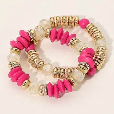 Fashnzfab 2pcs - Mixed Flat Wood Metal Faceted Beaded Stretch Multi Layered Bracelets In Pink