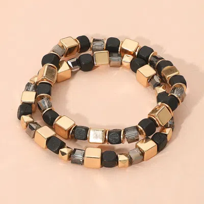 Fashnzfab 2pcs - Mixed Wooden Cube Beaded Stretch Multi Layered Bracelets In Gold