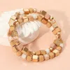 Fashnzfab 2pcs - Mixed Wooden Cube Beaded Stretch Multi Layered Bracelets In Sand