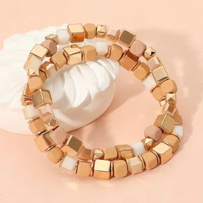 Fashnzfab 2pcs - Mixed Wooden Cube Beaded Stretch Multi Layered Bracelets In Sand