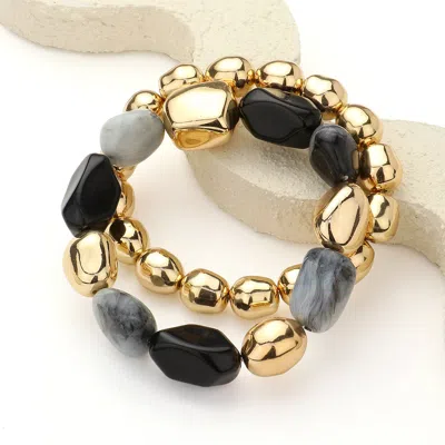 Fashnzfab 2pcs - Natural Pebble Stone Metal Ball Beaded Stretch Layered Bracelets Black, Gold In Multi