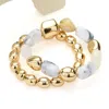 Fashnzfab 2pcs - Natural Pebble Stone Metal Ball Beaded Stretch Layered Bracelets Gold, Howlite In Multi