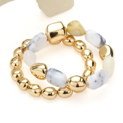 Fashnzfab 2pcs - Natural Pebble Stone Metal Ball Beaded Stretch Layered Bracelets Gold, Howlite In Multi