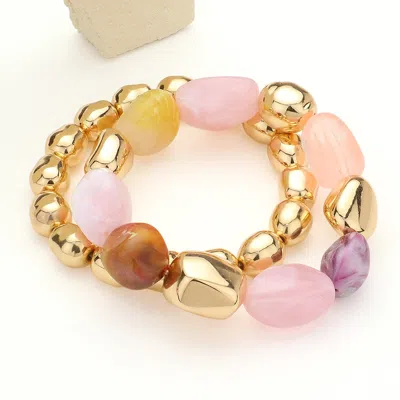 Fashnzfab 2pcs - Natural Pebble Stone Metal Ball Beaded Stretch Layered Bracelets Gold, Pink In Multi