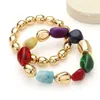 Fashnzfab 2pcs - Natural Pebble Stone Metal Ball Beaded Stretch Layered Bracelets In Multi