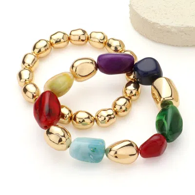 Fashnzfab 2pcs - Natural Pebble Stone Metal Ball Beaded Stretch Layered Bracelets In Multi