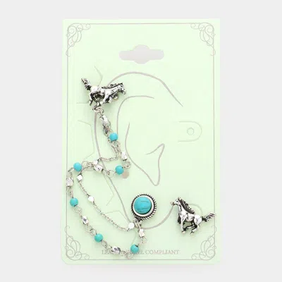 Fashnzfab 2pcs - Natural Stone Embellished Running Horse Ear Cuff Earrings - Turquoise In Blue