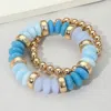 Fashnzfab 2pcs - Natural Stone Metal Ball Beaded Stretch Double Layered Bracelets Gold, Light Blue In Multi