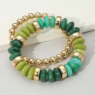 Fashnzfab 2pcs - Natural Stone Metal Ball Beaded Stretch Double Layered Bracelets Gold, Light, Olive Green In Multi