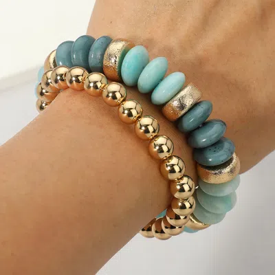 Fashnzfab 2pcs - Natural Stone Metal Ball Beaded Stretch Double Layered Bracelets Gold, Light, Turquoise In Multi