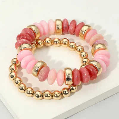 Fashnzfab 2pcs - Natural Stone Metal Ball Beaded Stretch Double Layered Bracelets Gold, Pink In Multi