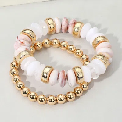 Fashnzfab 2pcs - Natural Stone Metal Ball Beaded Stretch Double Layered Bracelets Gold, White In Multi