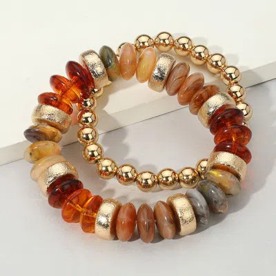 Fashnzfab 2pcs - Natural Stone Metal Ball Beaded Stretch Double Layered Bracelets In Multi