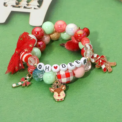 Fashnzfab 2pcs - Oh Dear Reindeer Candy Cane Gingerbread Man Charm Bow Beaded Stretch Multi Layered Bracelets