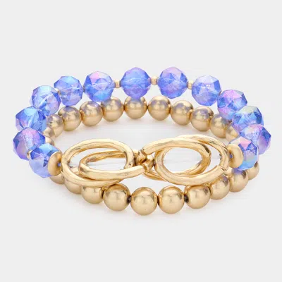 Fashnzfab 2pcs - Open Metal Oval Link Metal Ball Faceted Beaded Stretch Bracelets In Blue