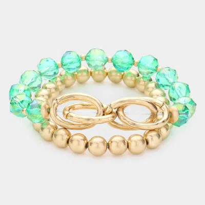 Fashnzfab 2pcs - Open Metal Oval Link Metal Ball Faceted Beaded Stretch Bracelets In Green