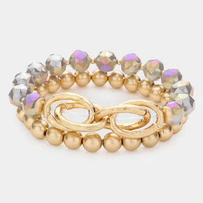 Fashnzfab 2pcs - Open Metal Oval Link Metal Ball Faceted Beaded Stretch Bracelets In Multi