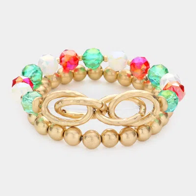 Fashnzfab 2pcs - Open Metal Oval Link Metal Ball Faceted Beaded Stretch Bracelets Multi