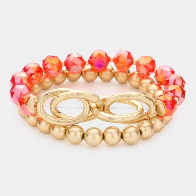 Fashnzfab 2pcs - Open Metal Oval Link Metal Ball Faceted Beaded Stretch Bracelets In Red