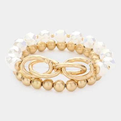 Fashnzfab 2pcs - Open Metal Oval Link Metal Ball Faceted Beaded Stretch Bracelets In White