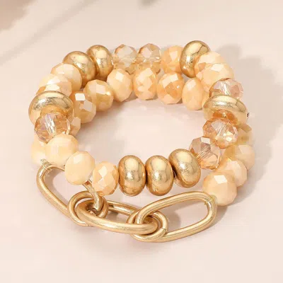 Fashnzfab 2pcs - Oval Link Accent Faceted Beaded Stretch Multi Layered Bracelets - Peach In Pink
