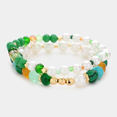 Fashnzfab 2pcs - Pearl Colorful Beaded Stretch Bracelets In Green