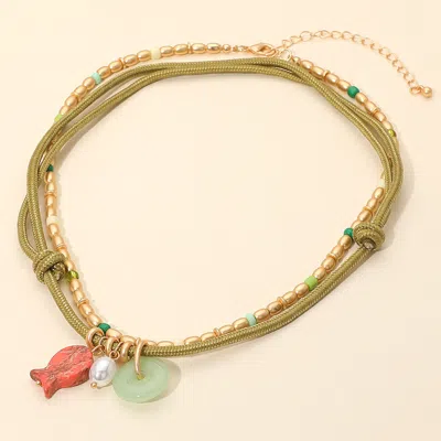 Fashnzfab 2pcs - Pearl Fish Ring Charm Beaded Adjustable Rope Brushed Metal Beaded Necklaces - Multi