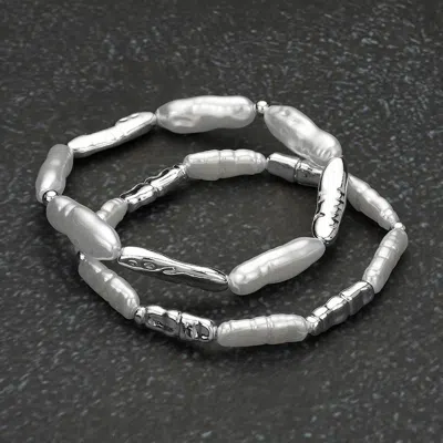 Fashnzfab 2pcs - Pearl Textured Metal Beaded Stretch Multi Layered Bracelets