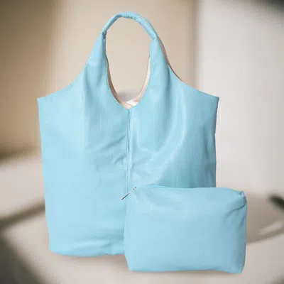 Fashnzfab 2pcs - Reversible Metallic Tote And Pouch Bags In Blue
