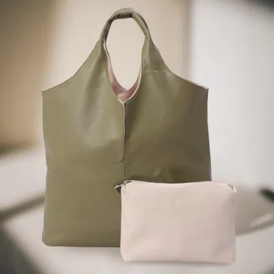 Fashnzfab 2pcs - Reversible Metallic Tote And Pouch Bags In Green
